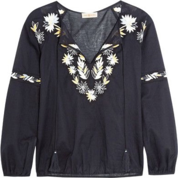 TORY BURCH COTTON POPLIN SPLIT-NECK EMBROIDERED PEASANT TOP IN NAVY SIZE 8 - Picture 5 of 10